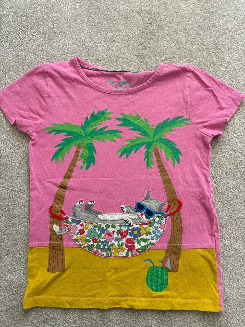 Mini Boden Pink Tee with Palm Trees & Cat Hammock Graphic